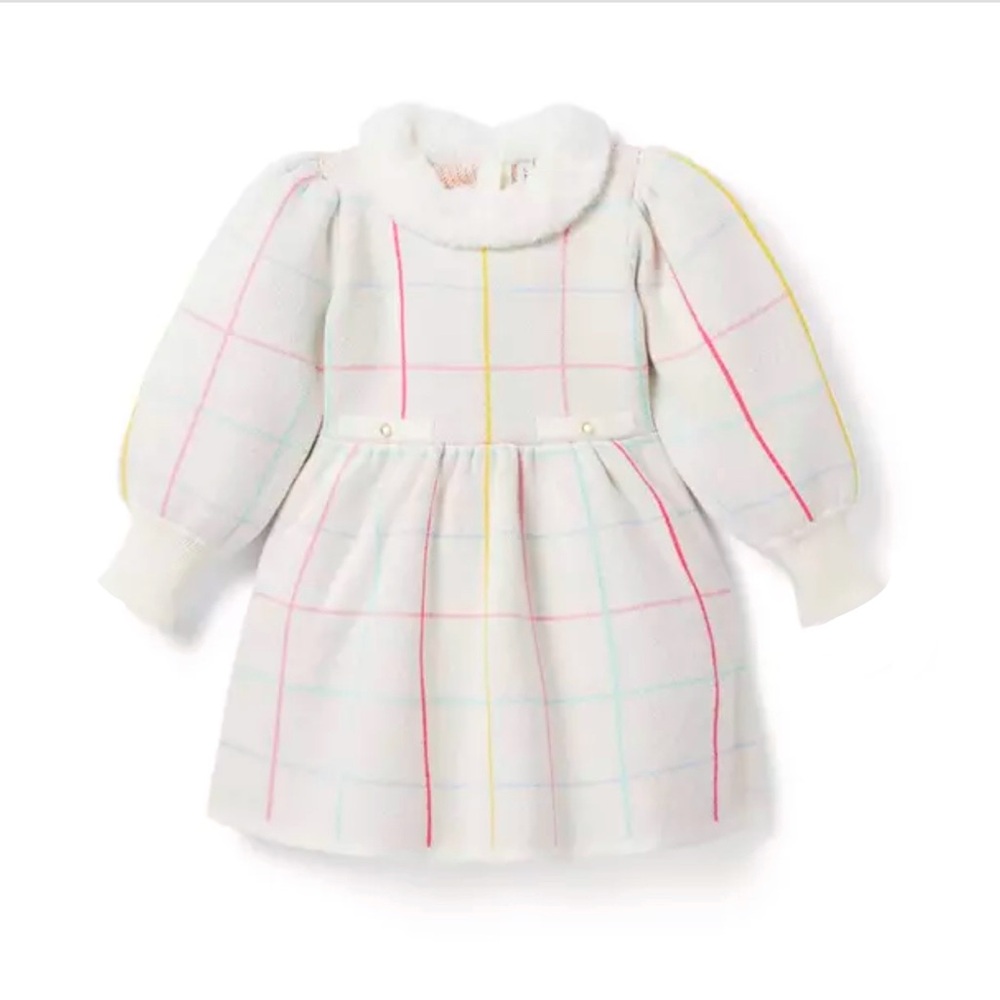 JANIE AND JACK WHITE PINK BLUE STRIPE FUR TRIM COLLAR PUFF SLEEVE SWEATER DRESS - Picture 1 of 7